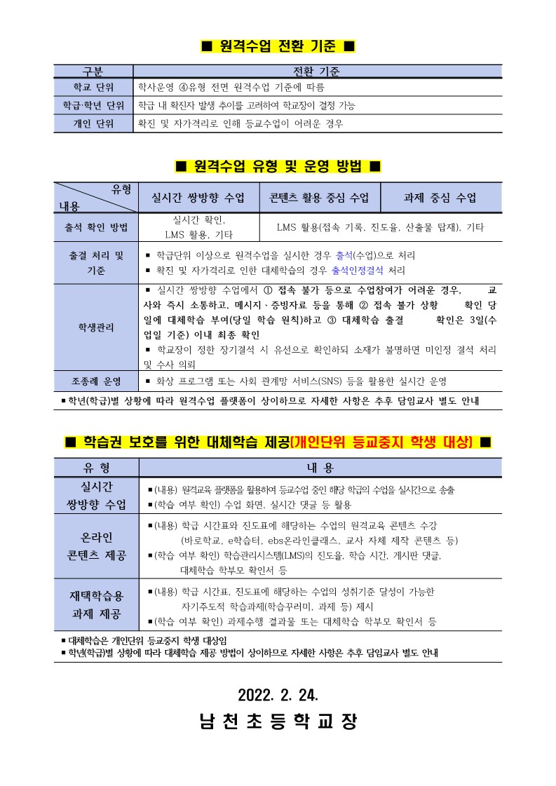 2022학년도 새 학년 등교 안내 가정통신문_남천초_2