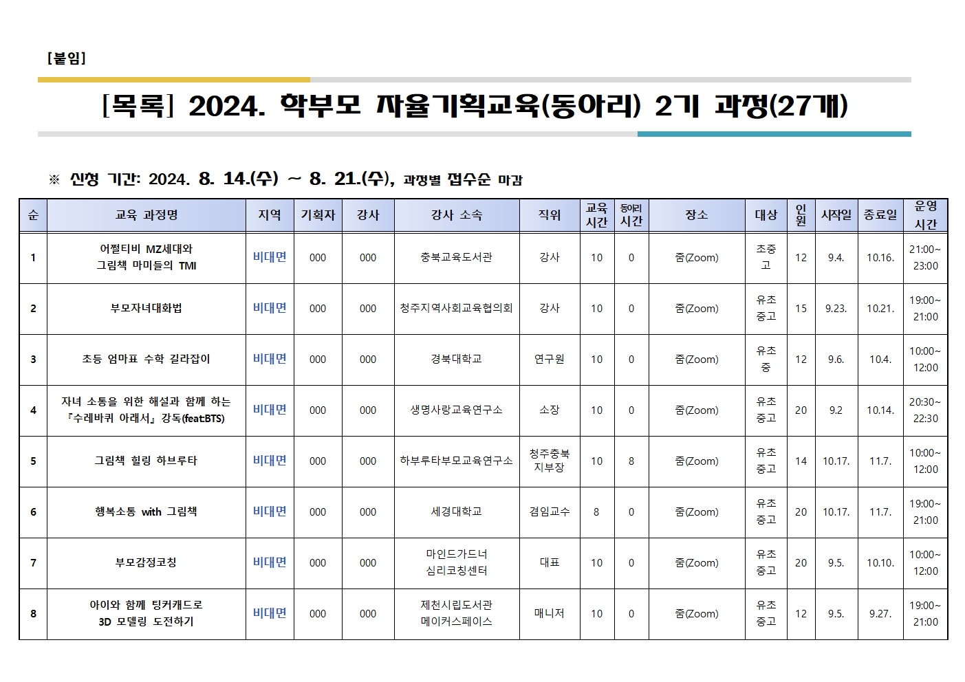 충청북도중원교육문화원 인문예술과_[가정통신문] 2024. 학부모 자율기획교육(동아리) 2기 과정(27개) 신청 안내002